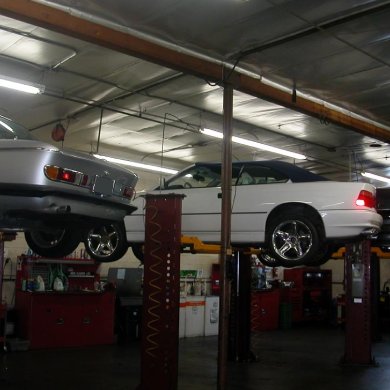 Inside the Garber's shop: BMWs on lifts in the service bays